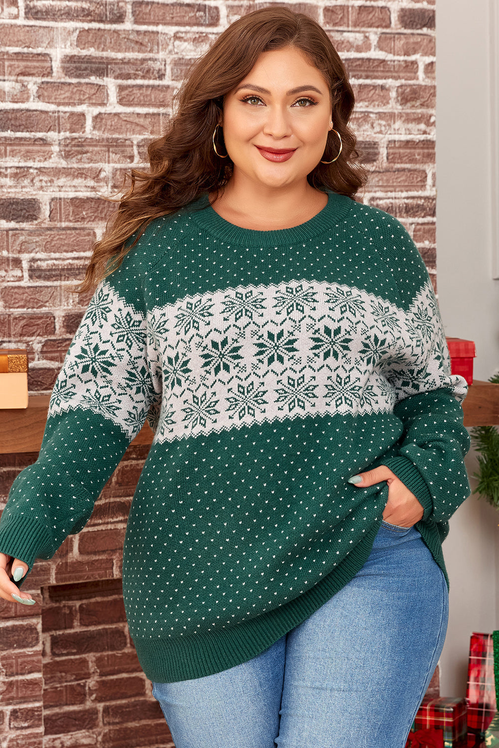 Green Christmas Snowflake Drop Shoulder Plus Size Sweater Dear-Lover Dropshipping
